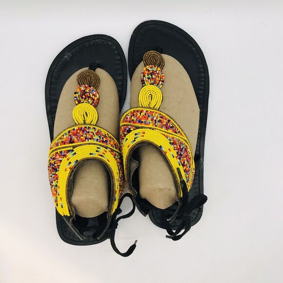 African Maasai Handcrafted Beaded Sandals Women's 9 Black Genuine Leather Kenya - Picture 6 of 9